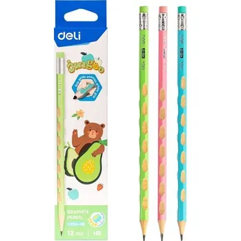 Grafitová tužka Tužka šestihranná s gumou HB (č. 2) DELI Jungoo - sada 12 ks