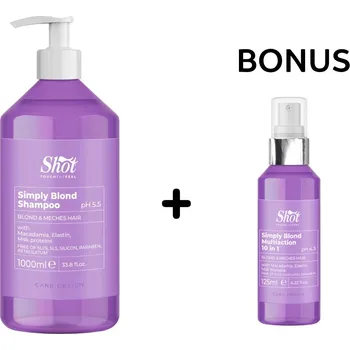 Šampon AKCE: Shot Simply Blond Shampoo - ošetřující šampon pro blond vlasy, 1000 ml + šampon/maska 250 ml nebo výživný sprej, 125 ml