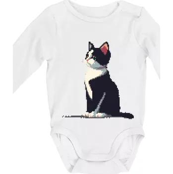 Mourovatá kočka pixel - Body kojenecké s dlouhým rukávem - Dlouhý r. 3-6 měs ( Bílá )