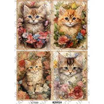 Umělecký papír Rýžový a soft papír na decoupage - Kočička a květiny - KB01589 Materiál: Soft, Rozměr: A4