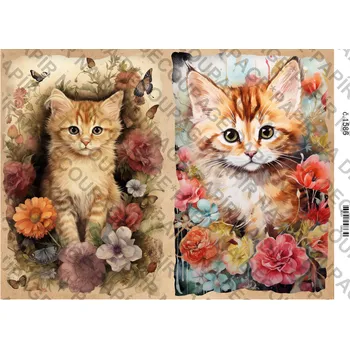 Umělecký papír Rýžový a soft papír na decoupage - Kočička a květiny - KB01586 Materiál: Soft, Rozměr: A4