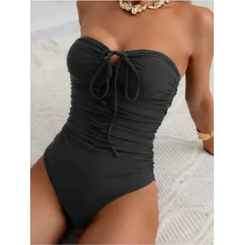 Dámské plavky Dámské jednodílné plavky bez ramínek - se šněrováním (vel. S-XL) Barva: Černá, Velikost: L