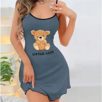 Dámská noční košile Dámská noční košilka s úzkými ramínky "Little Bear" -meruňková, modrá Barva: tmavě modrá, Velikost: L