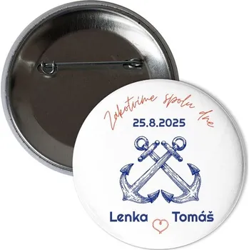 Odznáček s potiskem Svatební Zakotvíme spolu s upravitelným datem a jmény