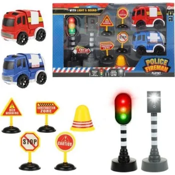 autíčko Auto 2 ks policie, hasiči + semafor, radar, značky na baterie se zvukem se světlem