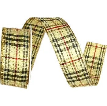Stuha Vánoční stuha CHRISTMAS KARO GOLD krémová 25mm x 2m (14,-Kč/m) (Vánoční stuha taftová, kostkovaná, oboustranná, oboustranný zlatý potisk)