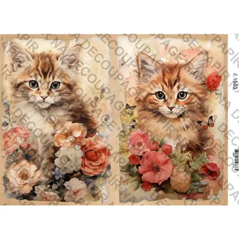 Umělecký papír Rýžový a soft papír na decoupage - Kočička a květiny - KB01583 Materiál: Soft, Rozměr: A4