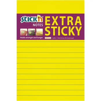 Samolepicí blok Stick'n Extra Sticky 150 × 101 mm, 90 lístků, neonově žlutý, linkovaný