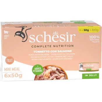 Krmivo pro kočku 6x50g Schesir Complete Nutrition Filet v želé - tuňák s lososem