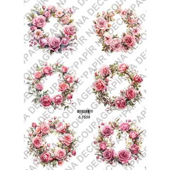 Umělecký papír Rýžový a soft papír na decoupage - Květinové věnečky - KB01559 Materiál: Soft, Rozměr: A4