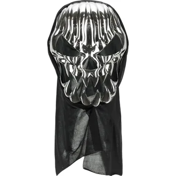 Karnevalová maska Stříbrná lebková maska s kapucí 18,5x24,5 cm na Halloween