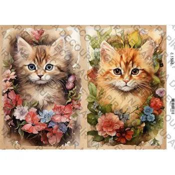 Umělecký papír Rýžový a soft papír na decoupage - Kočička a květiny - KB01588 Materiál: Soft, Rozměr: A4