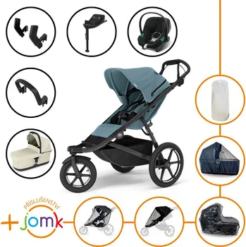 Kočárek Set 11v1 Thule Urban Glide 3 Mid blue s magnetickou sponou + madlo + korbička Soft beige + JOMK příslušenství + autosedačka Cybex s ISOFIX základnou a adaptéry Thule