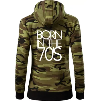 Dámská mikina Born In The 70's - Dámská mikina trendy zipper s kapucí - XL ( Zelený maskáč )