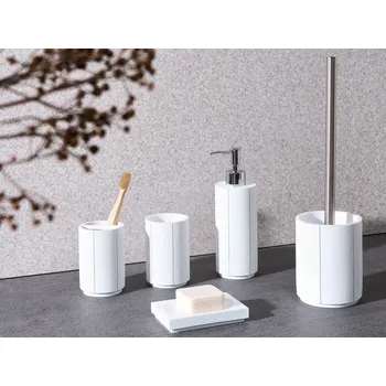 Dávkovač mýdla 5dílná sada koupelnových doplňků bílá umělá pryskyřice dávkovač mýdla miska na mýdlo toaletní kartáč pohár stojan na zubní kartáček Beliani