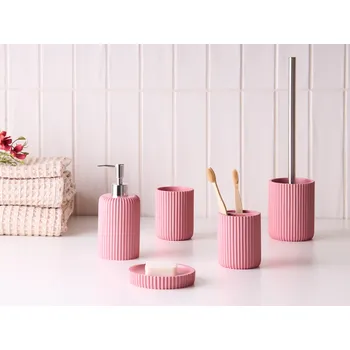 Dávkovač mýdla 5dílná sada koupelnových doplňků růžová umělá pryskyřice dávkovač mýdla WC kartáč pohár na zubní kartáčky Beliani