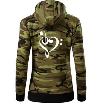Dámská mikina Houslový klíč srdce - Dámská mikina trendy zipper s kapucí - 2XL ( Zelený maskáč )