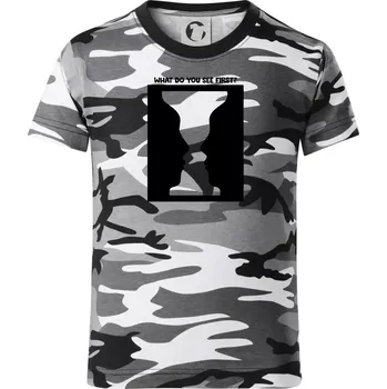 Chlapecké tričko What do you see first? Pohár - Obličeje - Dětské maskáčové triko - 104-110cm / 3-4 roky ( Šedý maskáč )