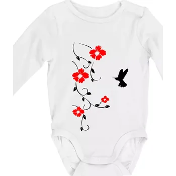 Květina a ptáček - Body kojenecké s dlouhým rukávem - Dlouhý r. 6-12 měs ( Bílá )
