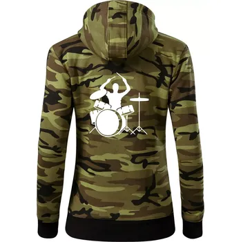 Dámská mikina Bicí bubeník - Dámská mikina trendy zipper s kapucí - M ( Zelený maskáč )