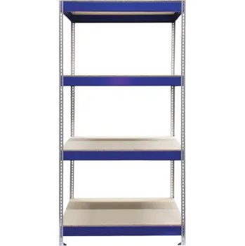 Dílenský regál Vysokozátěžový regál Industrial modrá/šedá 1960x1000x600 mm 4 dělené dřevěné police s kovovými trámy a nastavitelnými kovovými nožičkami nosnost 1000 kg