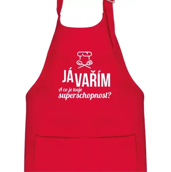 Kuchyňská zástěra Já vařím - tvoje superschopnost? rovný nápis - Dětská zástěra na vaření - Univerzální velikost ( Červená )