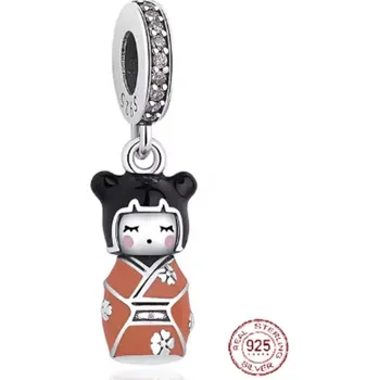Přívěsek Charm Sterlingové stříbro 925 Japonská panenka Kokeshi v hnědo-oranžovém kimonu - japonská elegance, přívěsek na náramek cestování