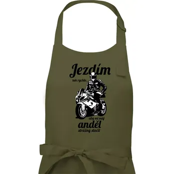 Kuchyňská zástěra Silniční motorka - jezdím tak rychle, aby mi můj anděl strážný stačil - Pánská zástěra na vaření - Univerzální velikost ( Khaki )