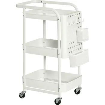 Servírovací stolek HOMCOM Vozík se zásuvkami 3-patrový kuchyňský regál na kolečkách do kuchyně a kanceláře, bílá ocel 51.5x32x75.6cm | Aosom.de