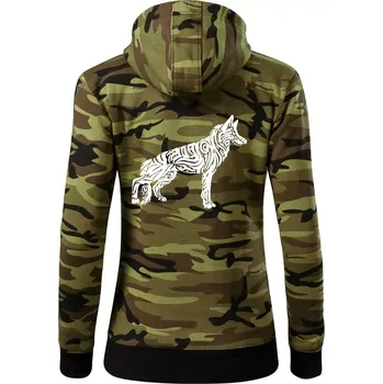 Dámská mikina Německý ovčák - tattoo - Dámská mikina trendy zipper s kapucí - M ( Zelený maskáč )