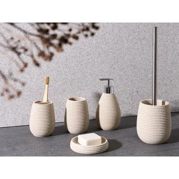 Dávkovač mýdla 5dílná sada koupelnových doplňků světle béžová umělá pryskyřice dávkovač mýdla WC kartáč pohár na zubní kartáčky Beliani