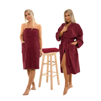 Dámský župan Sada Bordeaux: župan KIMONO + dámský saunový kilt + osuška XL