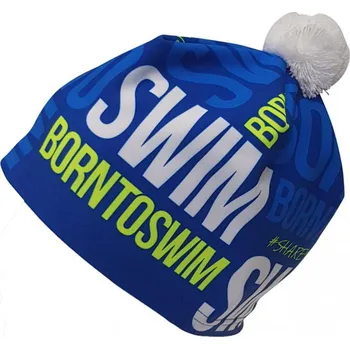 Plavecká čepice BornToSwim Zimní čepice - modrá se žlutým logem a s bílou bambulí Velikost: M