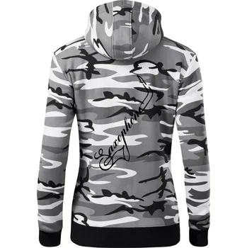 Dámská mikina Saxophone nápis - Dámská mikina trendy zipper s kapucí - S ( Šedý maskáč )