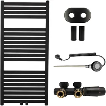 Radiátor CERANO - Koupelnový radiátorový set Luigino - kombinované výtápění, wifi tyč - středové připojení 50 mm - 300W - černá matná - 970x450 mm