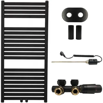 Radiátor CERANO - Koupelnový radiátorový set Luigino - kombinované výtápění, termo tyč - středové připojení 50 mm - 300W - černá matná - 970x450 mm