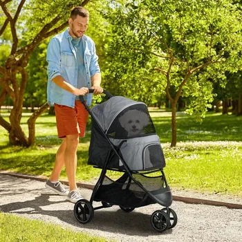Kočárek pro psa Kočárek pro psy PawHut Buggy s pláštěnkou, do 10 kg, šedočerný 495864