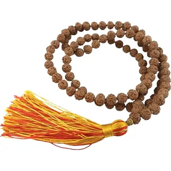 Náhrdelník 108 Mala Rudraksha meditační šperk, vázaný přírodní náhrdelník, ruční výroba, korálek 8 mm, střapec 8 cm