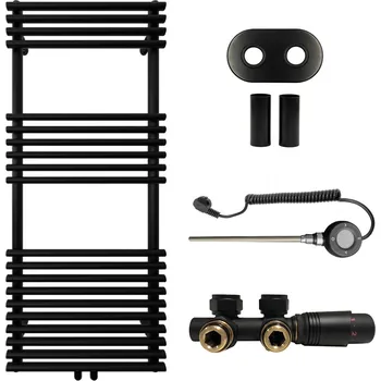 Radiátor CERANO - Koupelnový radiátorový set Luigi - kombinované výtápění, wifi tyč - středové připojení 50 mm - 545W - černá matná - 1200x500 mm