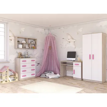 Obývací stěna Dětský pokoj SMYK III/ARIELA dub sonoma/bílá, sestava A, barevné úchytky