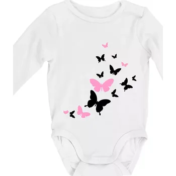 Motýli růžovo černí - Body kojenecké s dlouhým rukávem - Dlouhý r. do 3 měs ( Bílá )