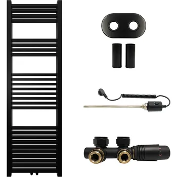 Radiátor CERANO - Koupelnový radiátorový set Franko - kombinované výtápění, termo tyč - středové připojení 50 mm - 514W - černá matná - 1600x500 mm