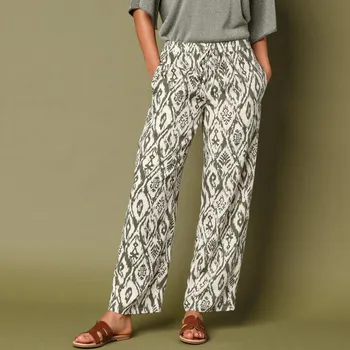 Dámské kalhoty Široké kalhoty s potiskem a pružným pasem režná/khaki 54