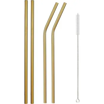 Barevná nerezová brčka s čisticím kartáčem | Příslušenství k pití - 5 ks zlata