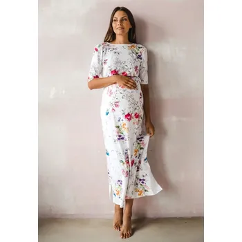 Těhotenské šaty Milk & Love Těhotenské a kojící šaty 3v1 Two Ways LONG krémově bílé s barevnými květy Velikost: XS