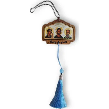 Přívěsek Dřevěný přívěsek do auta s ikonou Krista, Bohorodičky a sv. Mikuláše