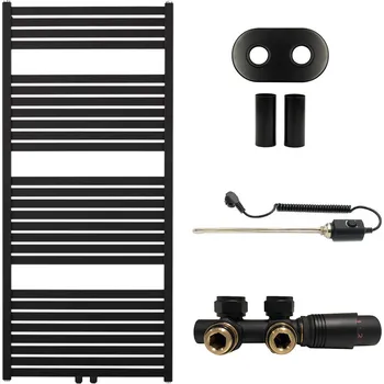 Radiátor CERANO - Koupelnový radiátorový set Vincenzo - kombinované výtápění, termo tyč - středové připojení 50 mm - 600W - černá matná - 1330x600 mm