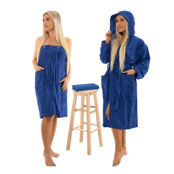 Dámský župan Sada Navy Blue: župan s kapucí + dámský saunový kilt + osuška XL