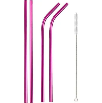 Barevná nerezová brčka s čisticím kartáčem | Příslušenství k pití - 5 ks růžové