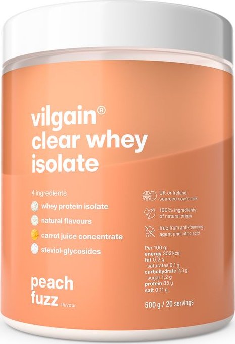 Vilgain Clear Whey Isolate –⁠ se svěží ovocnou chutí, slazen stévií, s více než 84 % bílkovin - Peach fuzz 500 g